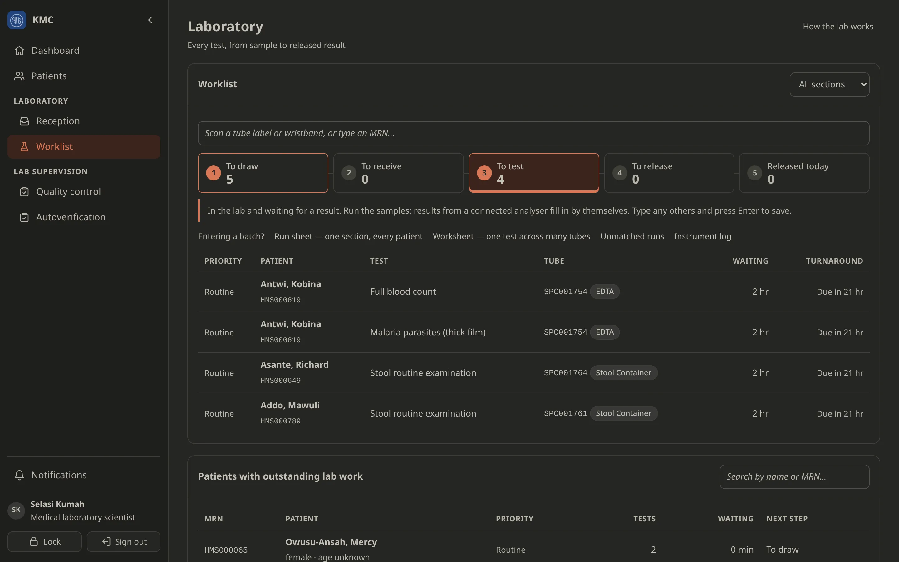 The laboratory worklist with counts for each step and the tests waiting.